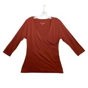 Soft Surroundings Rust Red Surplice Ruche Knit Top Women Medium Cotton Blend